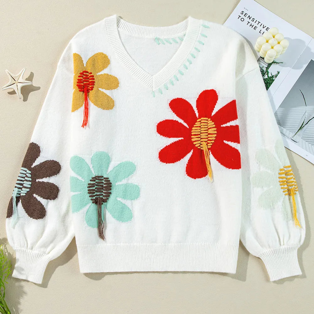 
                      
                        Flower V-Neck Dropped Shoulder Sweater
                      
                    