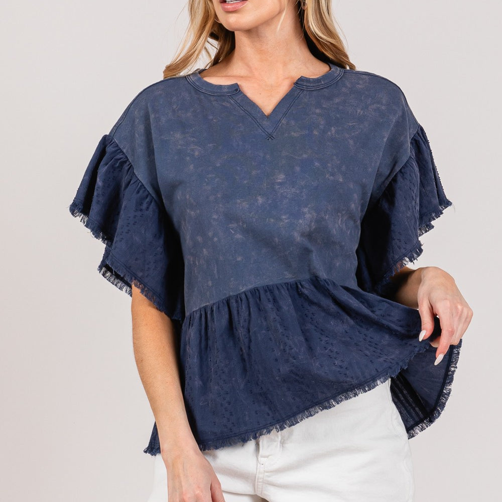 
                      
                        Ruffle Sleeve Washed Short Sleeve Blouse
                      
                    