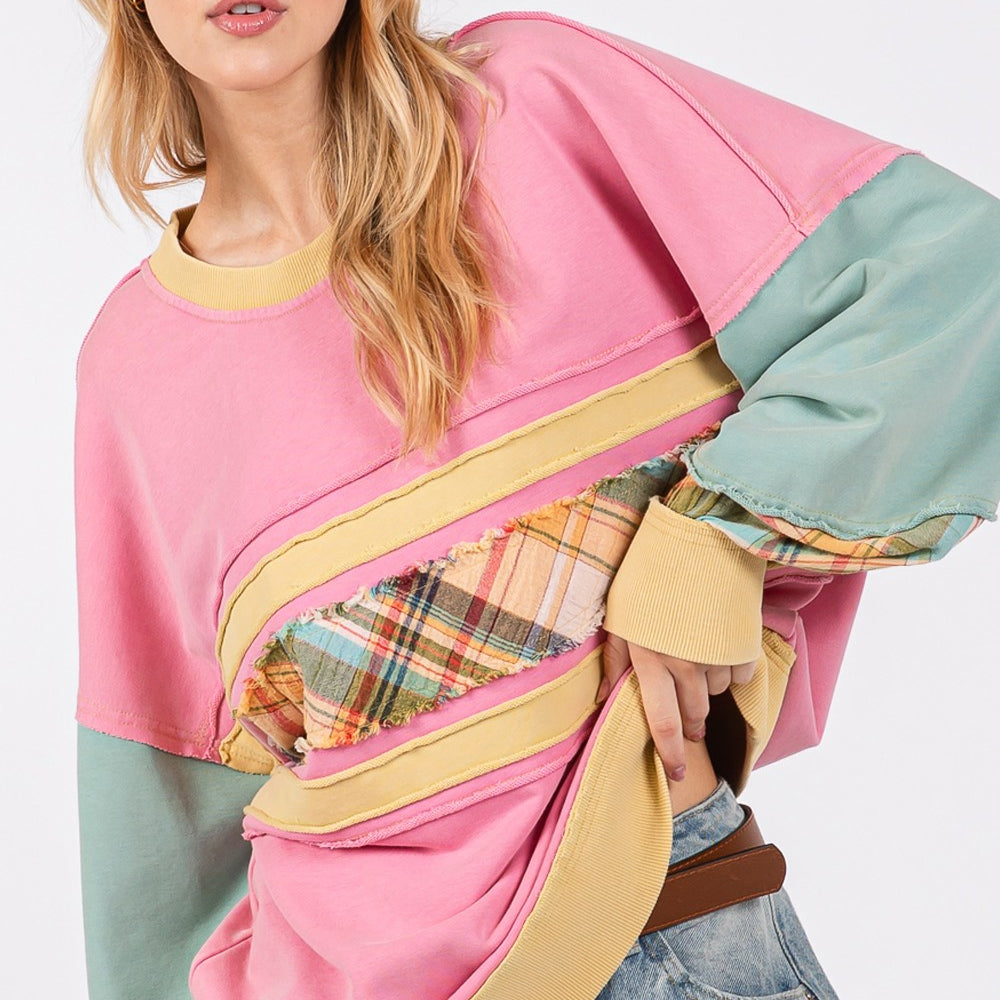 Mineral Wash Raw Edge Color Block Sweatshirt