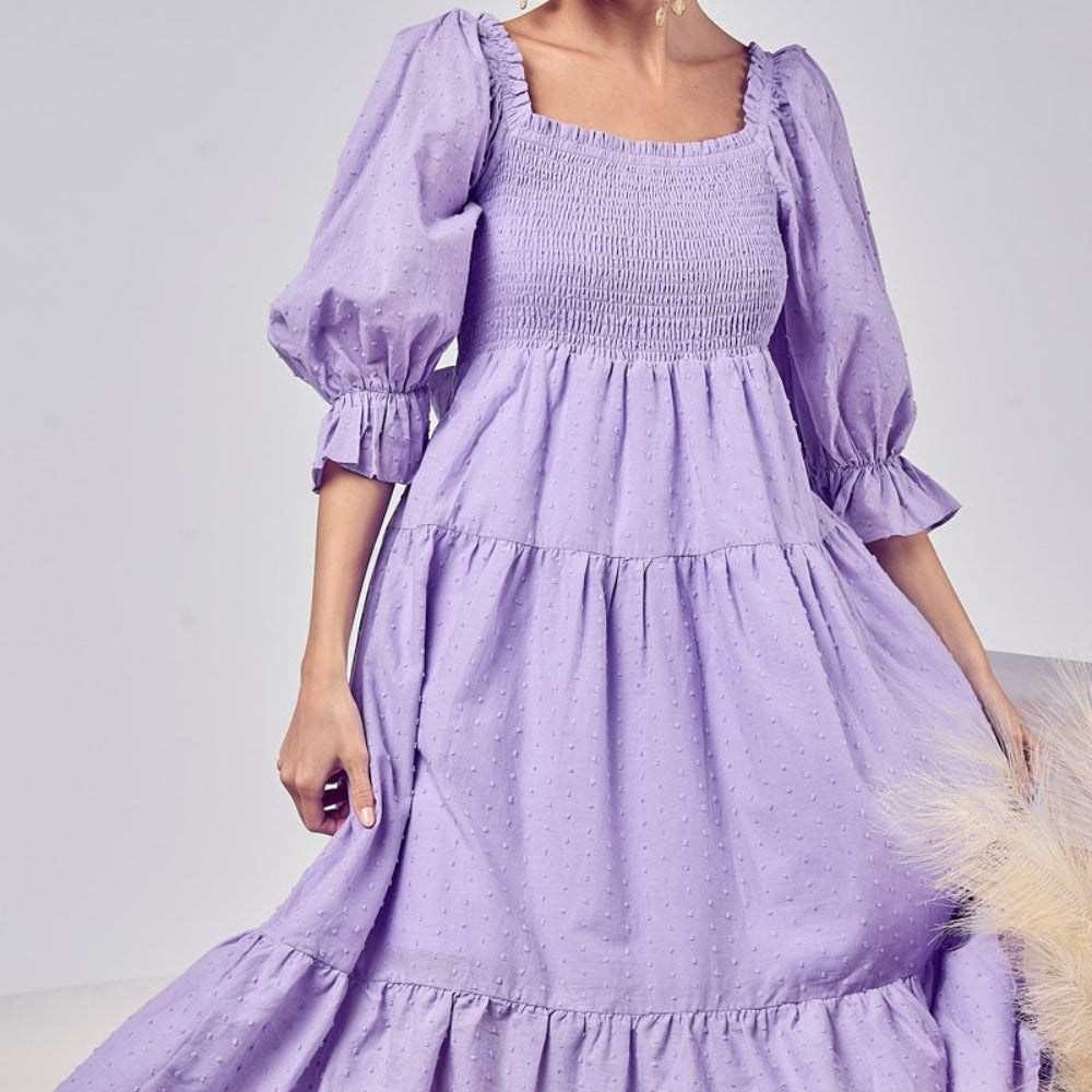 
                      
                        Swiss Dot Flounce Sleeve Smocked Tiered Midi Dress
                      
                    