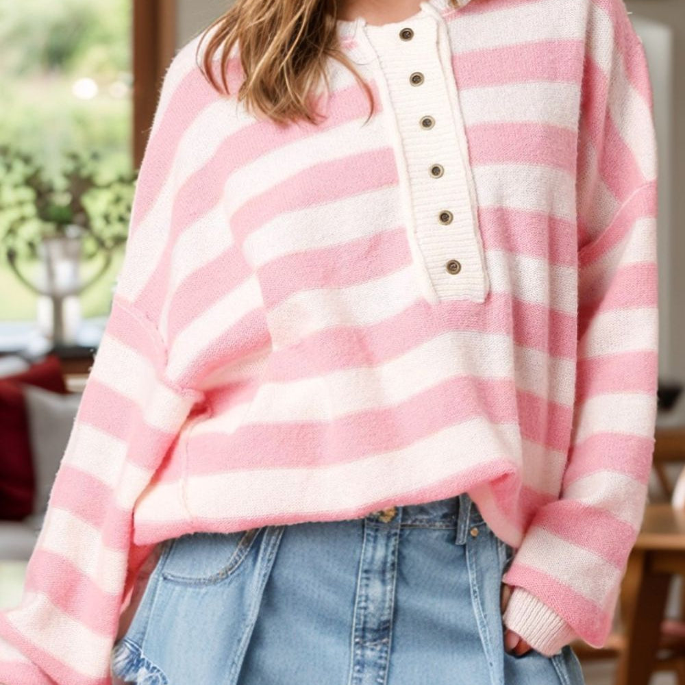 Exposed Seam Striped Round Neck Long Sleeve Sweater