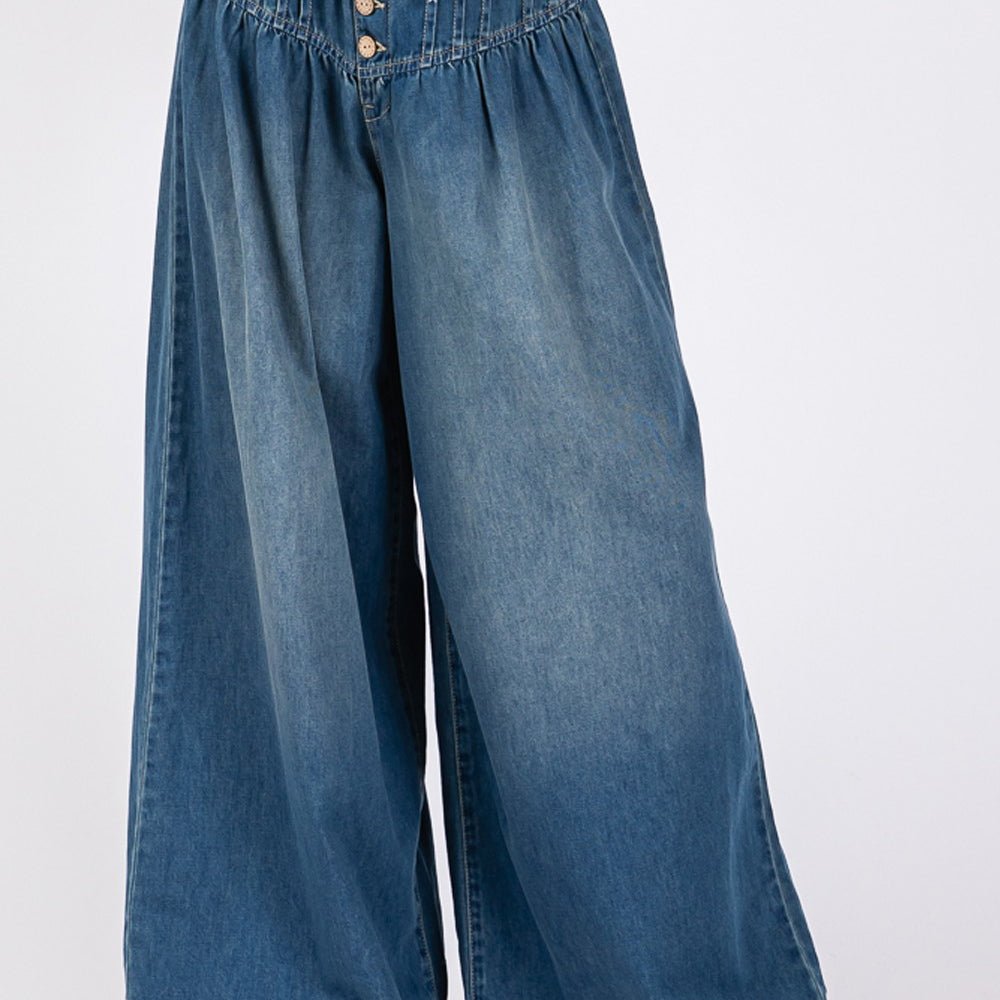 Smocked Waist Band Wide Leg Jeans