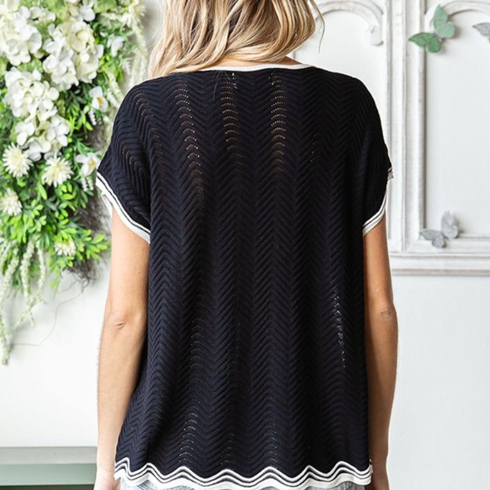 Contrast Wavy Crochet Drop Shoulder Knit Top