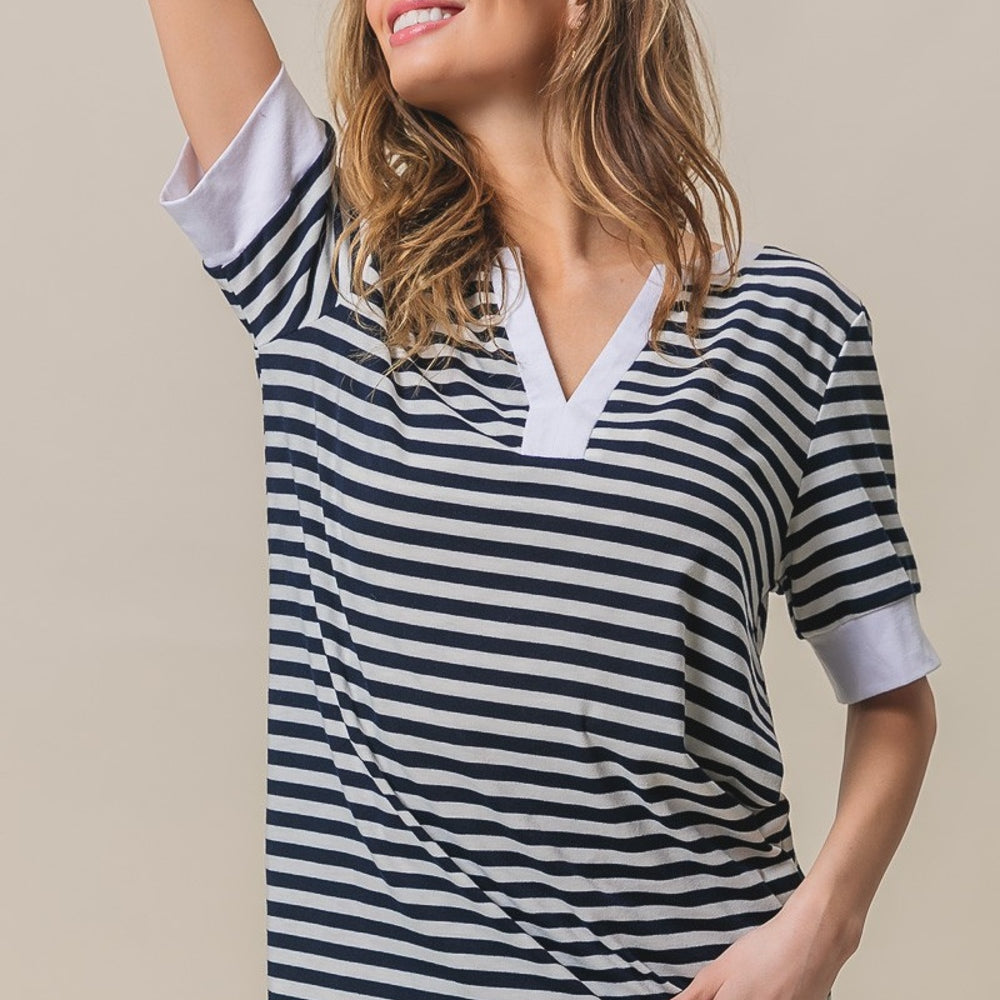 
                      
                        Contrast Striped Notched Knit Top
                      
                    