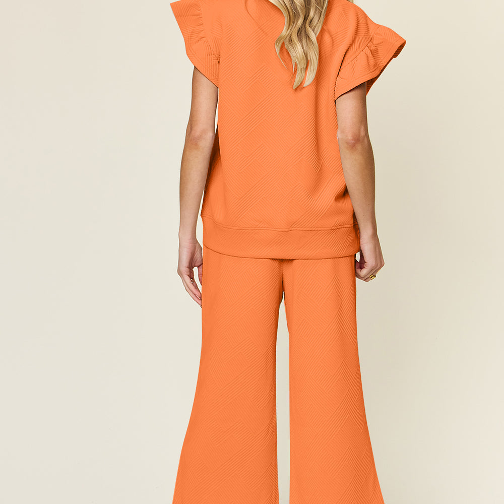 
                      
                        Texture Ruffle Short Sleeve Top and Drawstring Wide Leg Pants Set
                      
                    