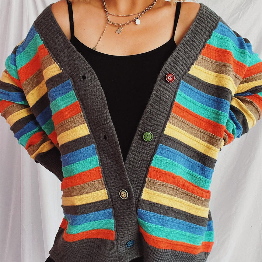 
                      
                        Contrast Stripes Button Up Long Sleeve Cardigan
                      
                    