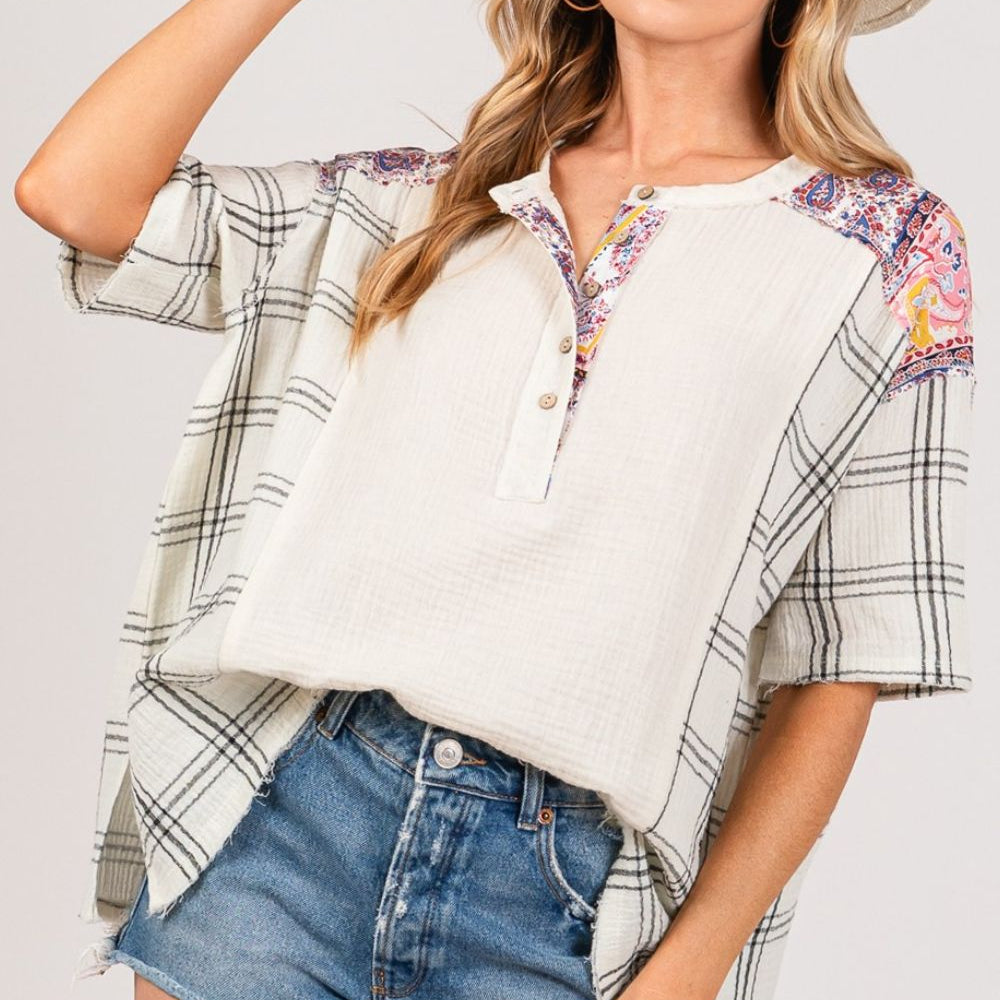 Plaid Half Button Gauze Top