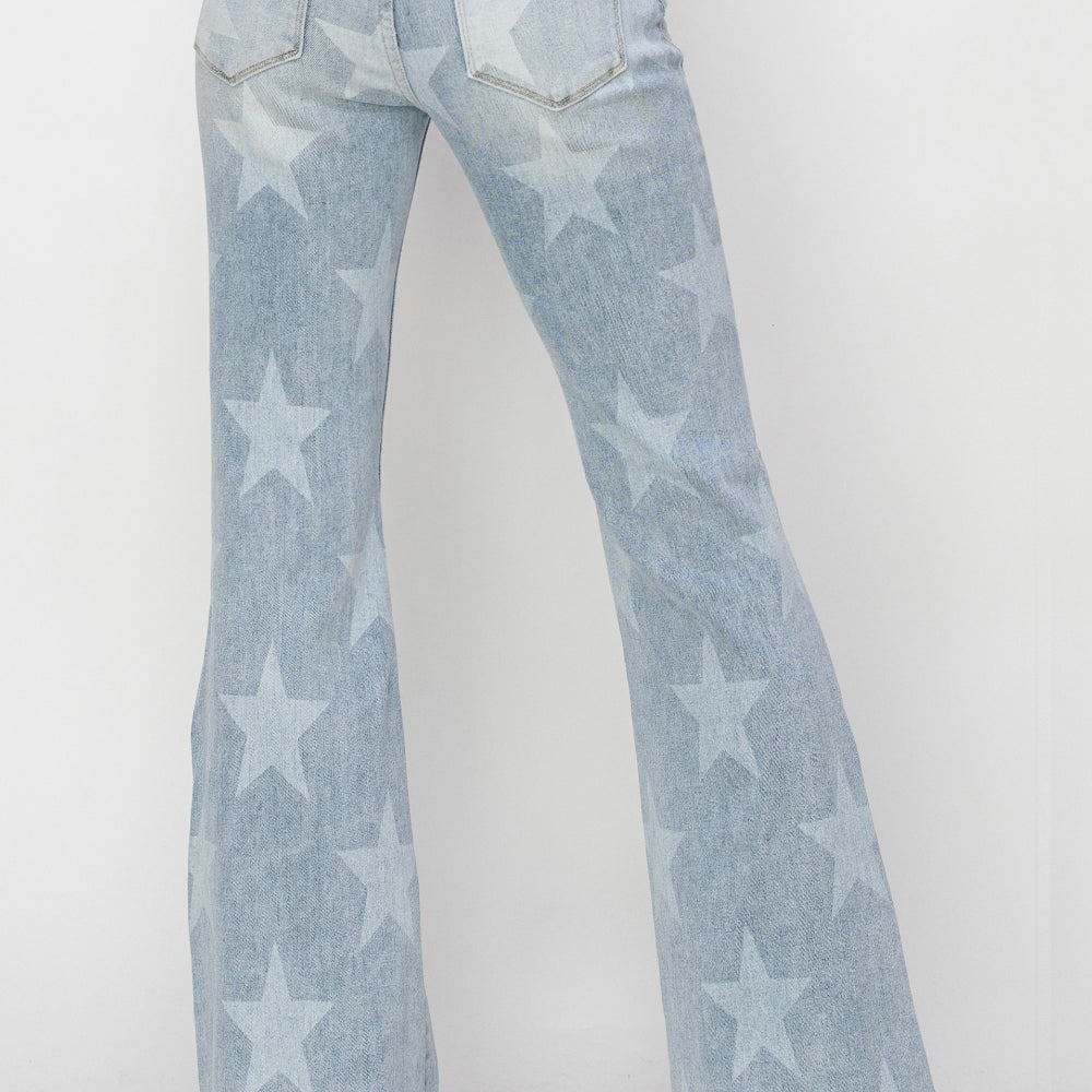 
                      
                        RISEN Mid Rise Button Fly Start Print Flare Jeans
                      
                    