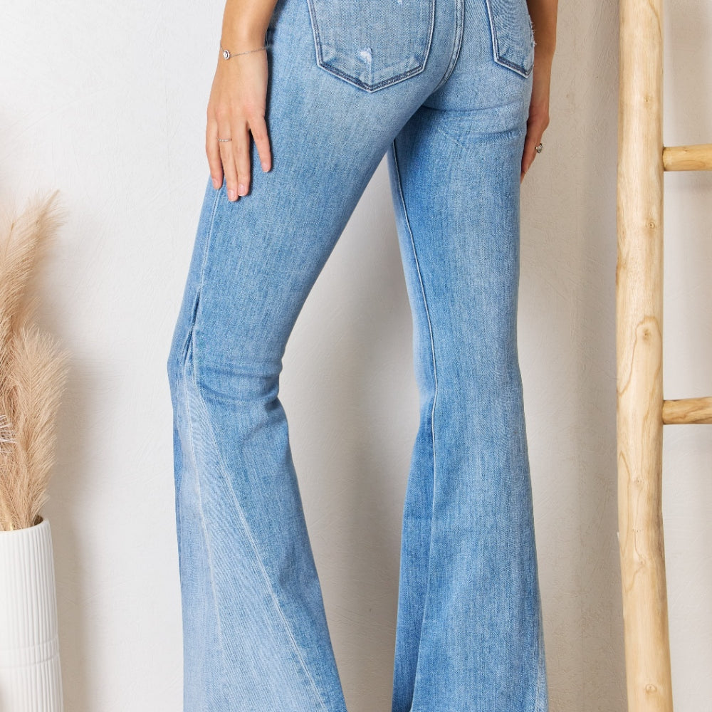 Kancan Mid Rise Raw Hem Flare Jeans