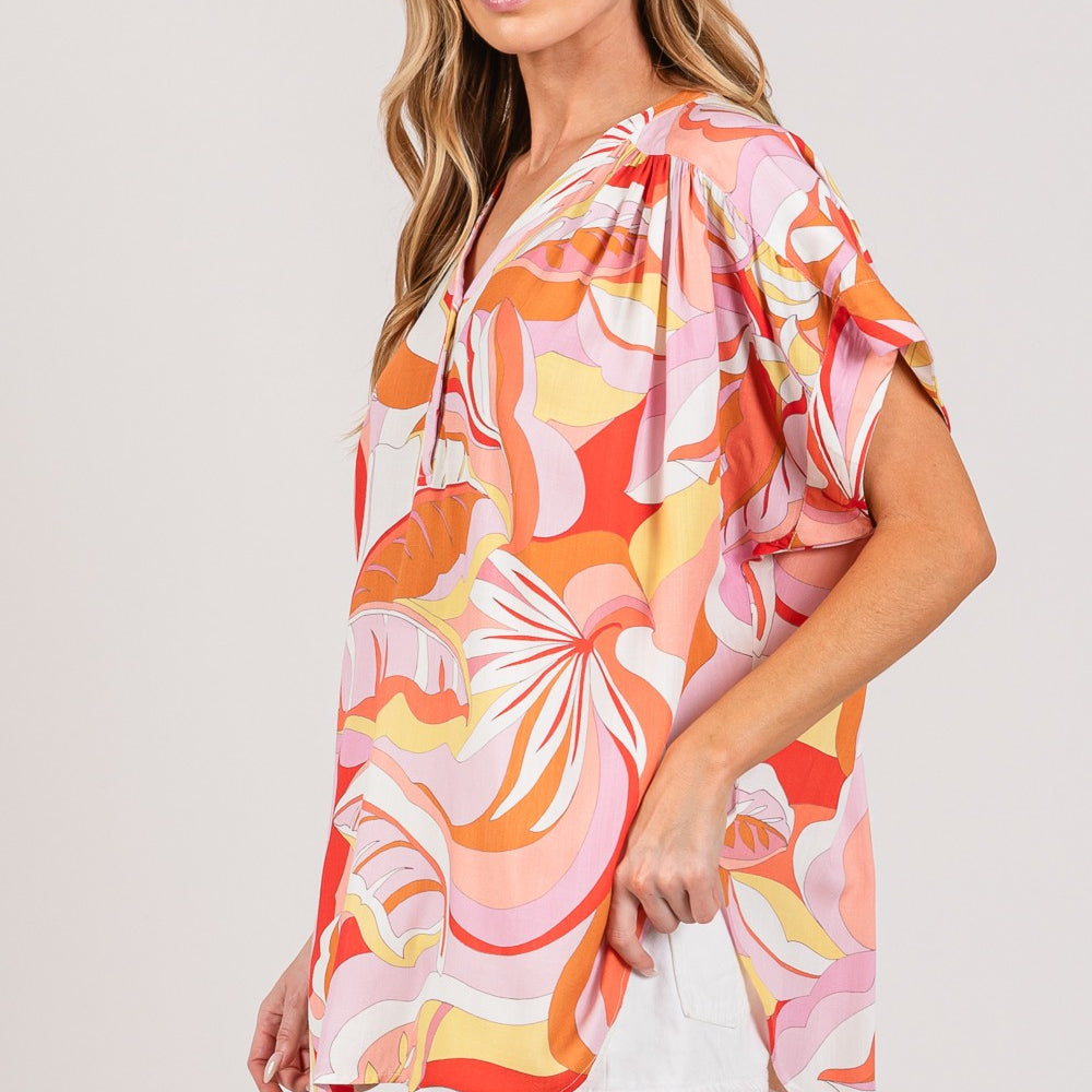 Abstract Print Half Button Blouse