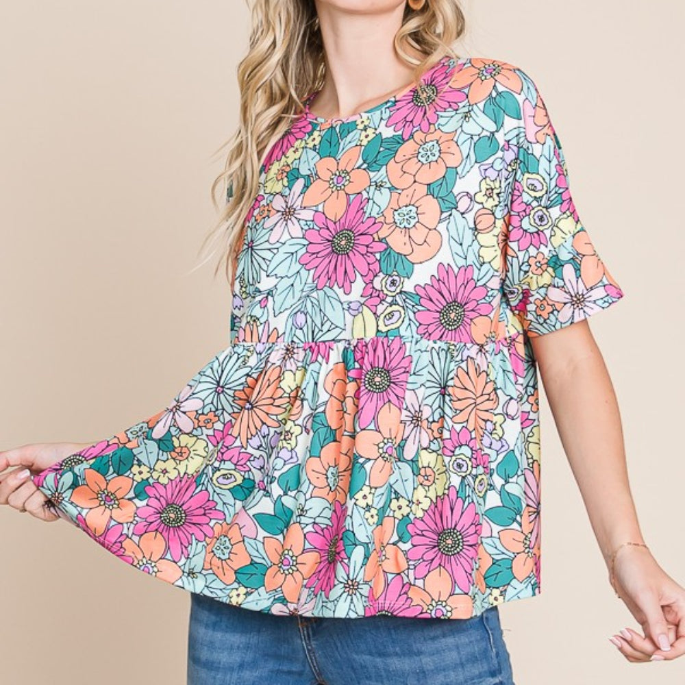 
                      
                        Floral Round Neck Short Sleeve Blouse
                      
                    