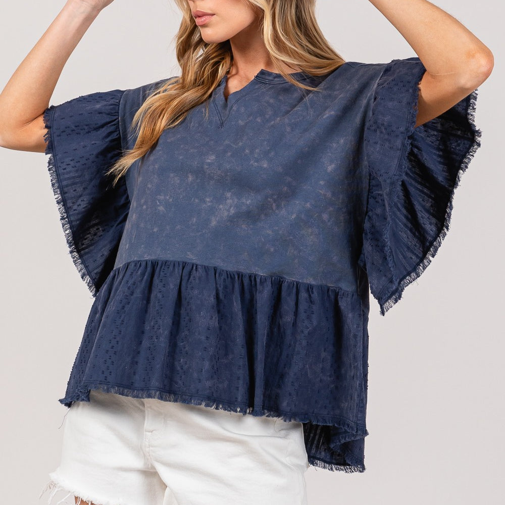 Ruffle Sleeve Washed Short Sleeve Blouse