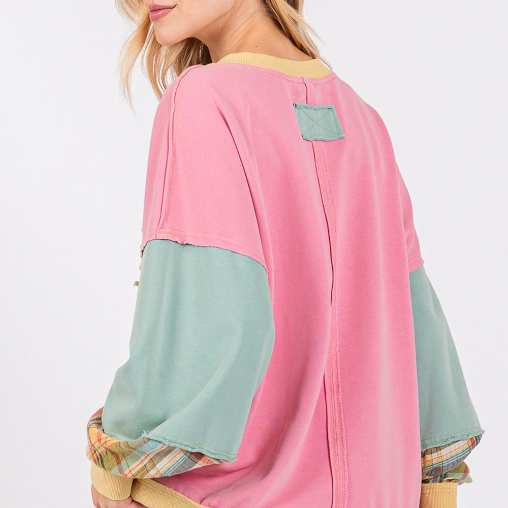 Mineral Wash Raw Edge Color Block Sweatshirt