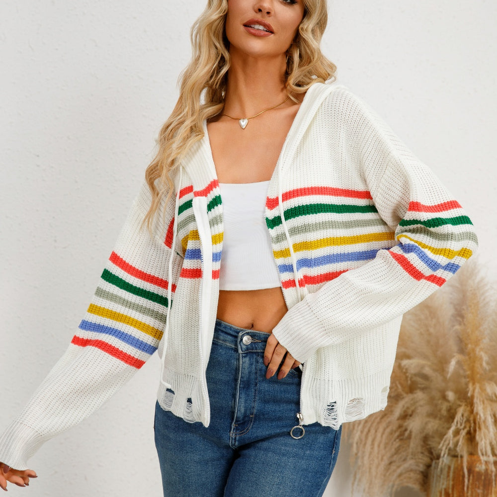 Drawstring Striped Dropped Shoulder Hooded Cardigan