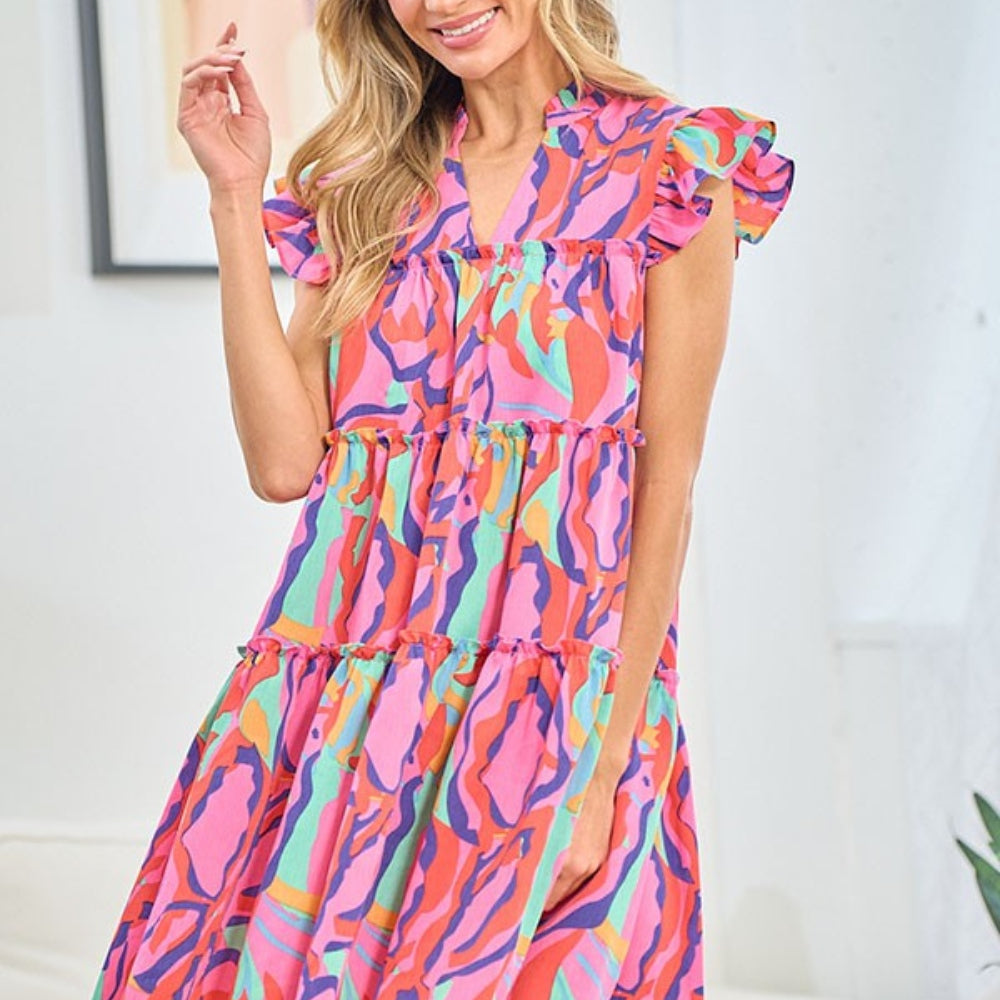 
                      
                        Printed Ruffle Cap Sleeve Tiered Dress
                      
                    