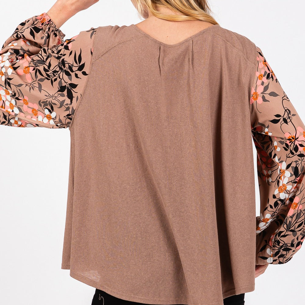 Floral Long Sleeve Front Pleated Detail Blouse