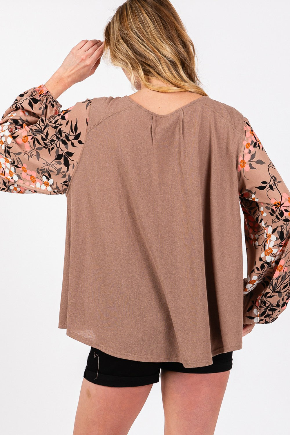 Floral Long Sleeve Front Pleated Detail Blouse