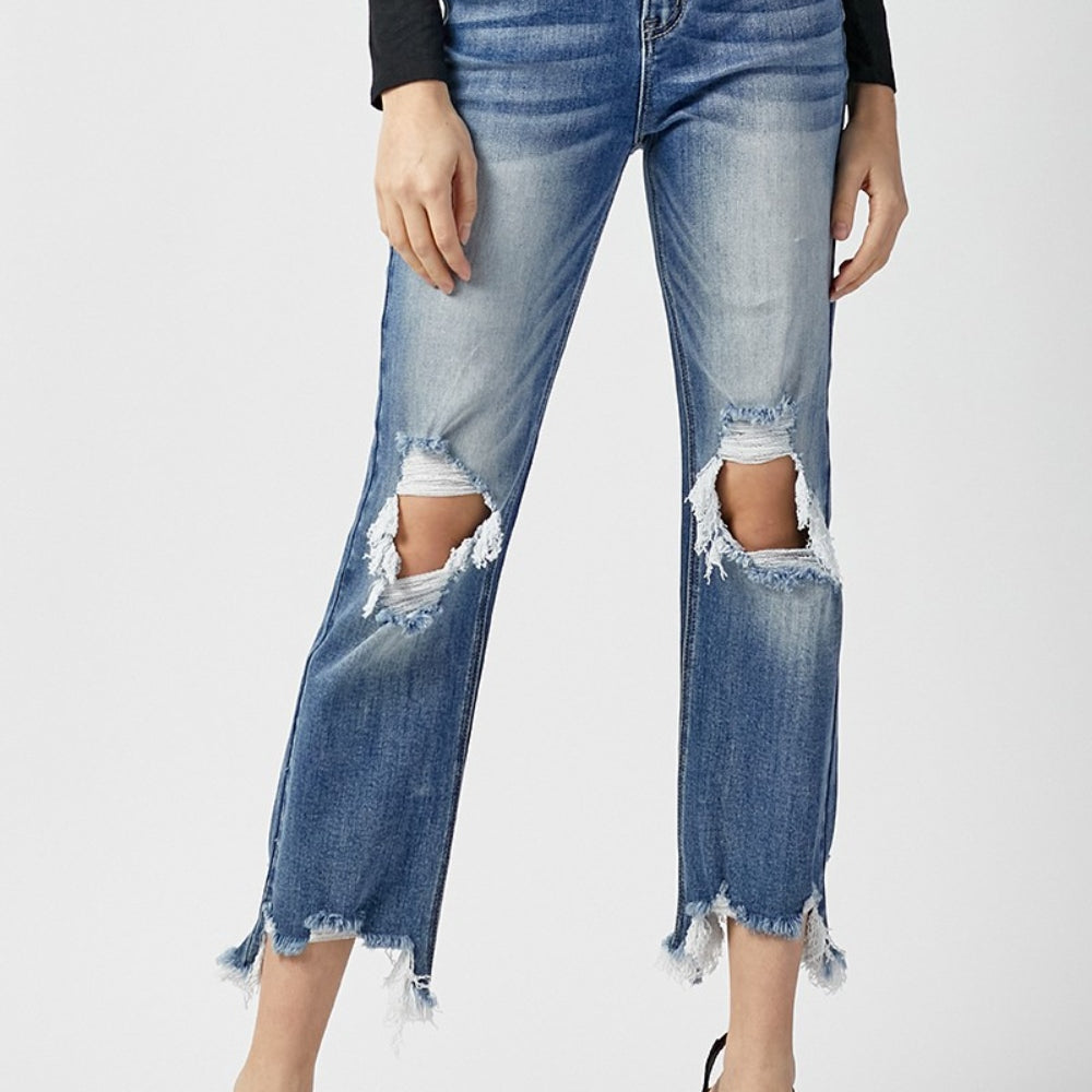 
                      
                        RISEN High Waist Distressed Frayed Hem Cropped Straight Jeans
                      
                    