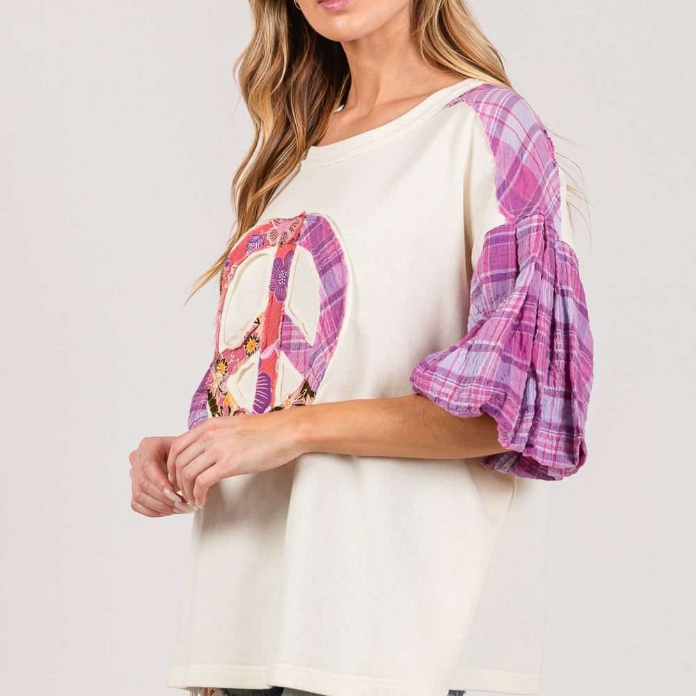 
                      
                        Peace Applique Patch with Plaid Contrast Top
                      
                    