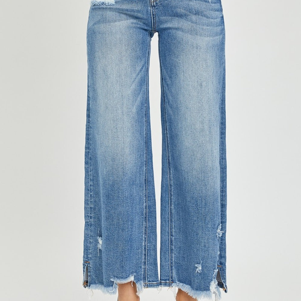 
                      
                        Risen High Rise Side Slit Raw Hem Cropped Jeans
                      
                    