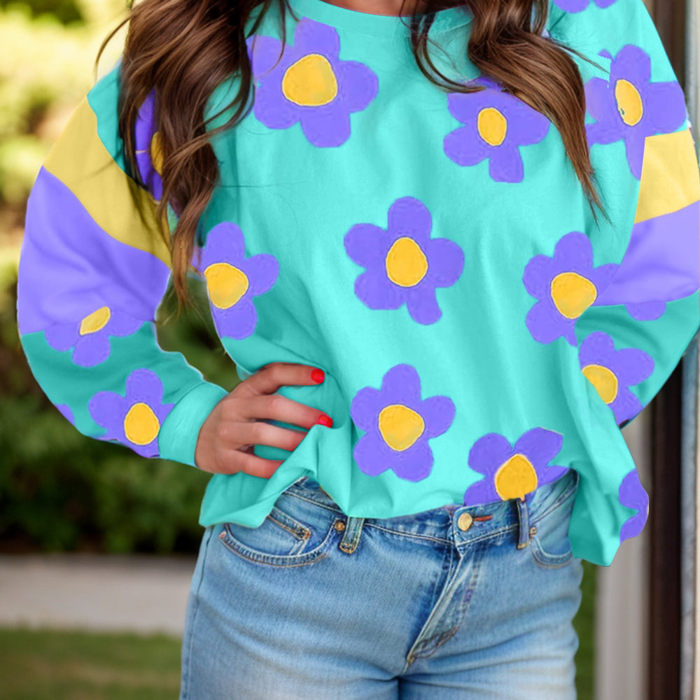 Contrast Flower Round Neck Long Sleeve Blouse