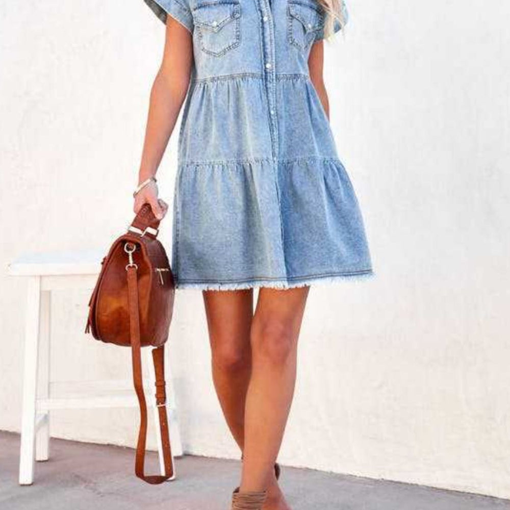 
                      
                        Raw Hem Short Sleeve Denim Dress
                      
                    