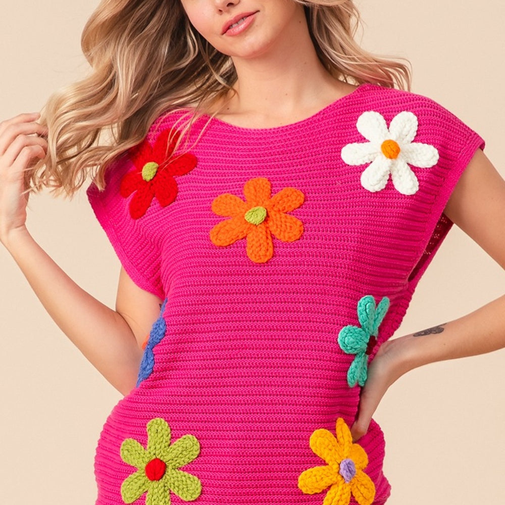 Flower Round Neck Cap Sleeve Knit Top