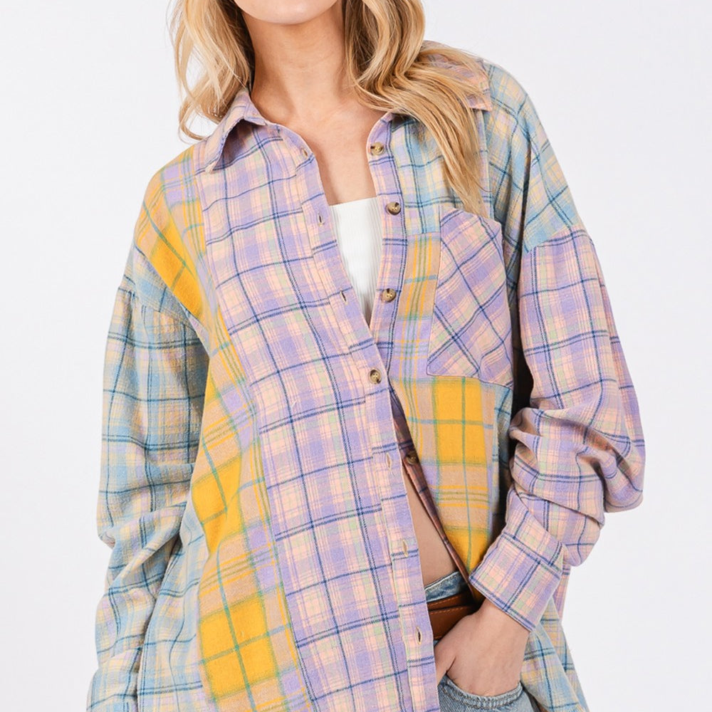 Button Up Raw Hem  Plaid Flannel Shirt