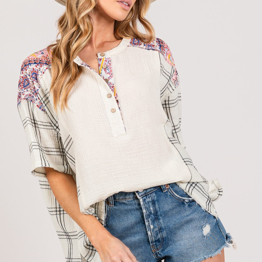 
                      
                        Plaid Half Button Gauze Top
                      
                    