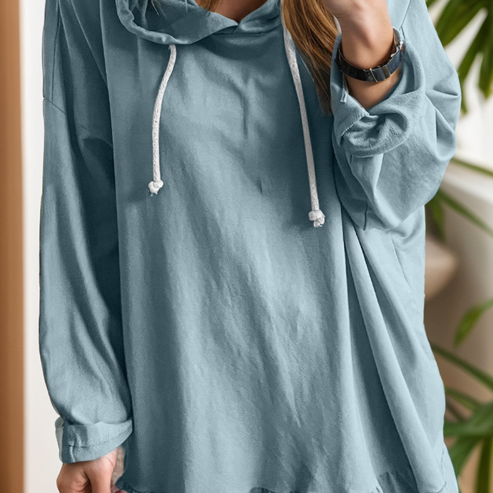 Drawstring Ruffled Dropped Shoulder Long Sleeve Hoodie