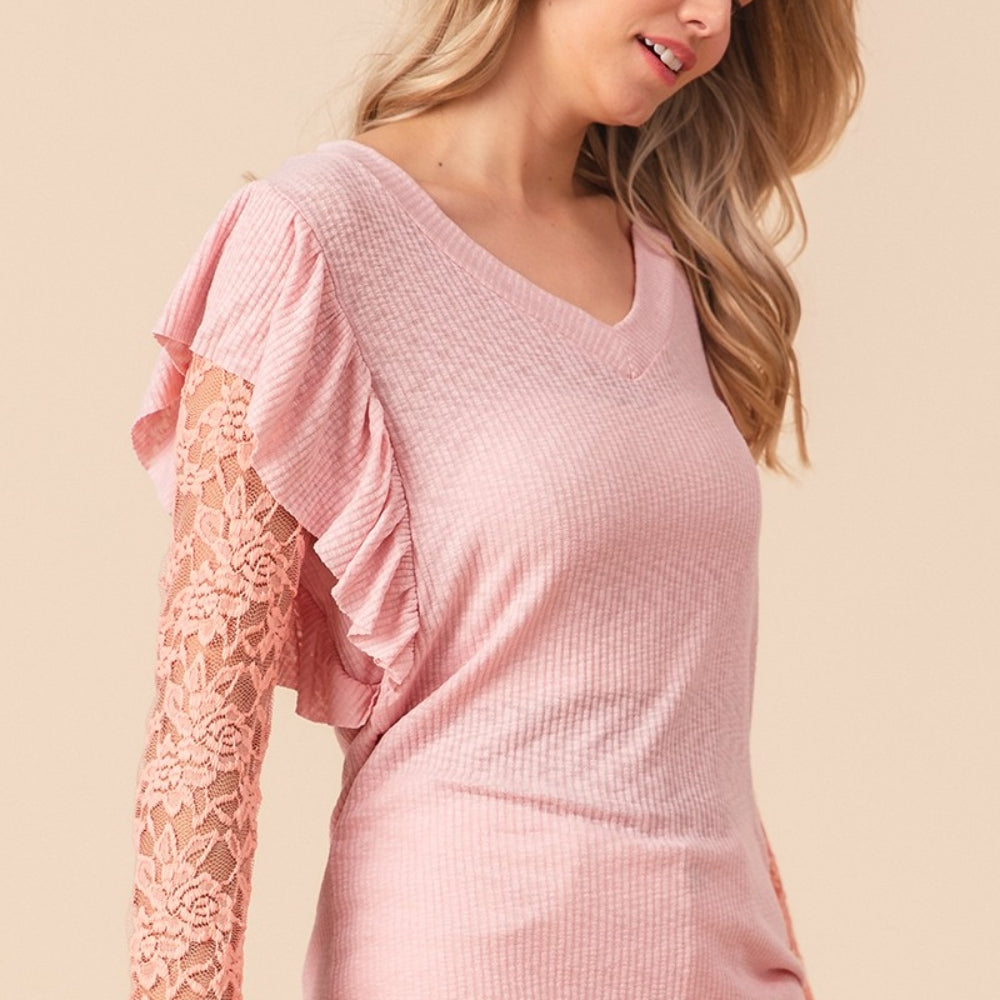 
                      
                        Ruffled Lace Sleeve Rib Knit Top
                      
                    