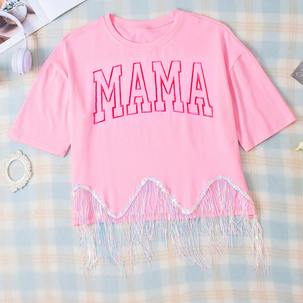 
                      
                        MAMA Sequin Fringe Round Neck T-Shirt
                      
                    