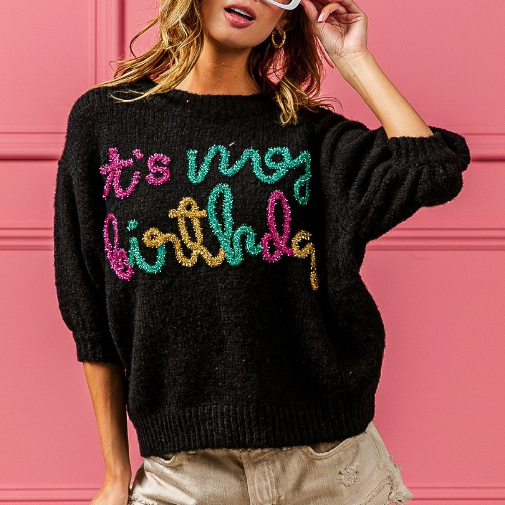 Metallic Letter Puff Sleeve Hairy Sweater