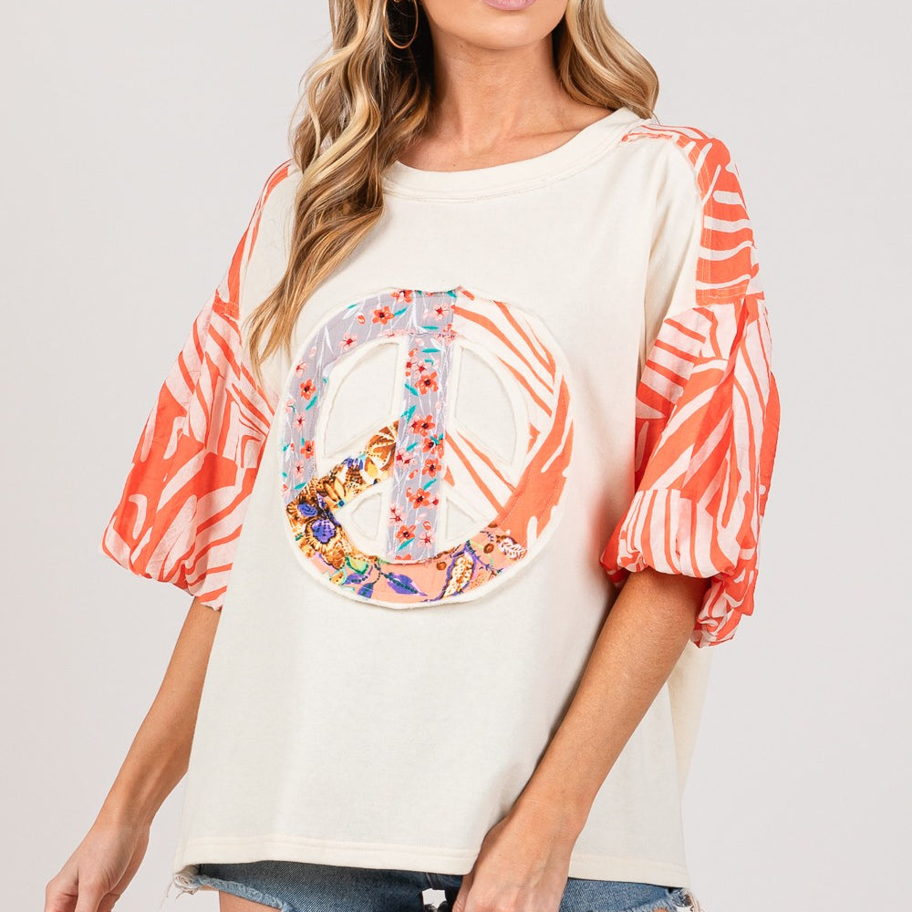 Peace Applique Patch with Zebra Print Contrast Top