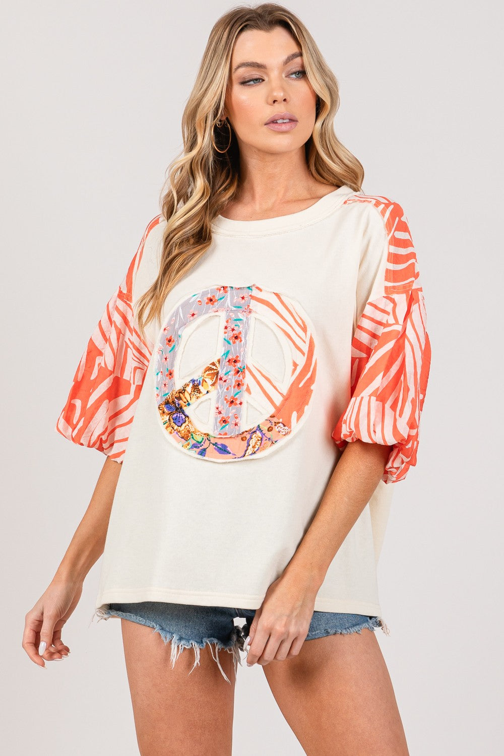 Peace Applique Patch with Zebra Print Contrast Top