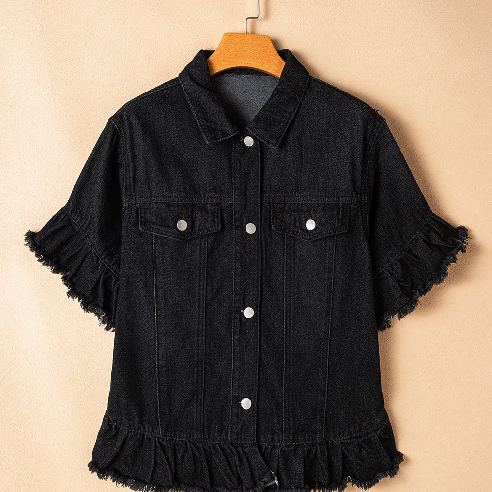 Raw Hem Button Up Denim Top