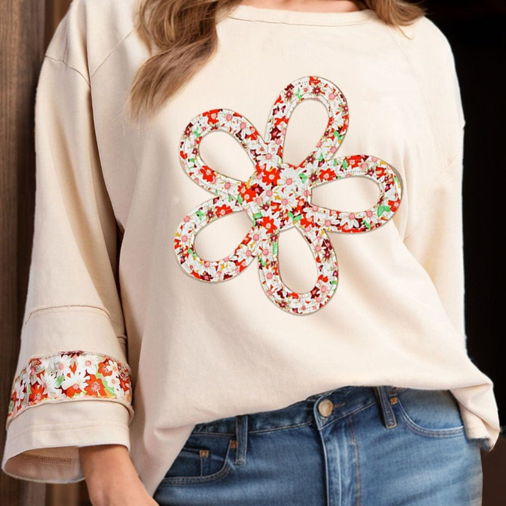 Exposed Seam Slit Floral Round Neck Blouse