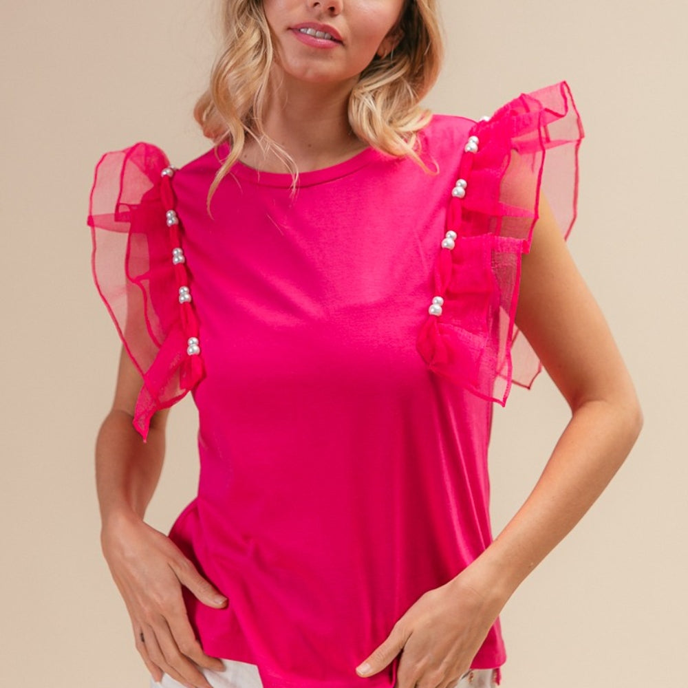 
                      
                        Pearl Decor Mesh Ruffle Sleeve Top
                      
                    