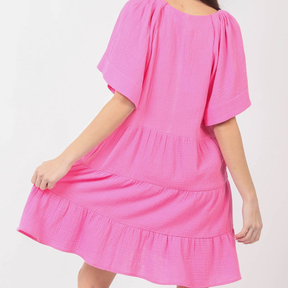 Textured V-Neck Ruffled Tiered Dress