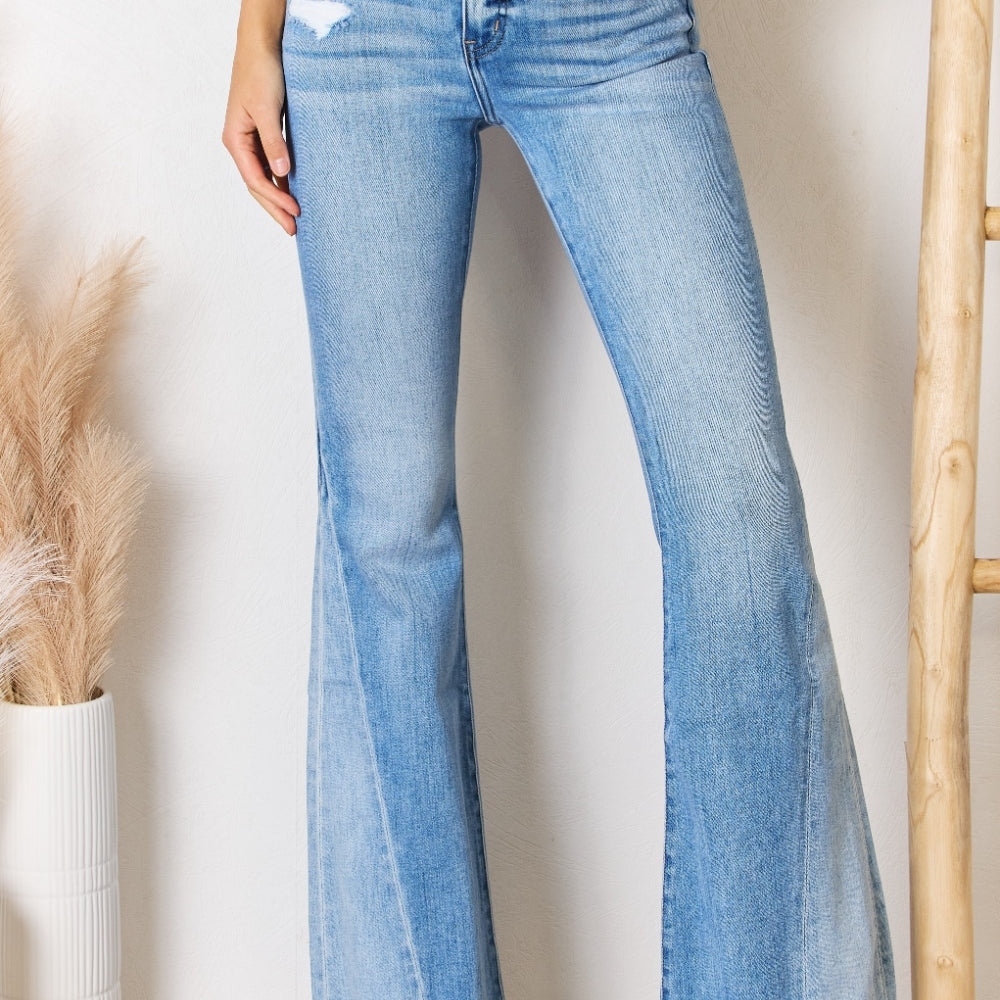 Kancan Mid Rise Raw Hem Flare Jeans