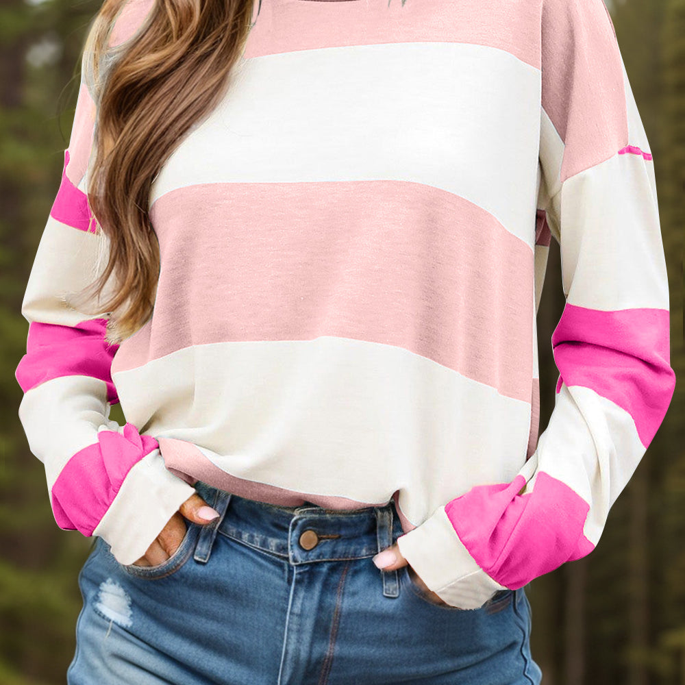 Contrast Color Block Round Neck Long Sleeve Top