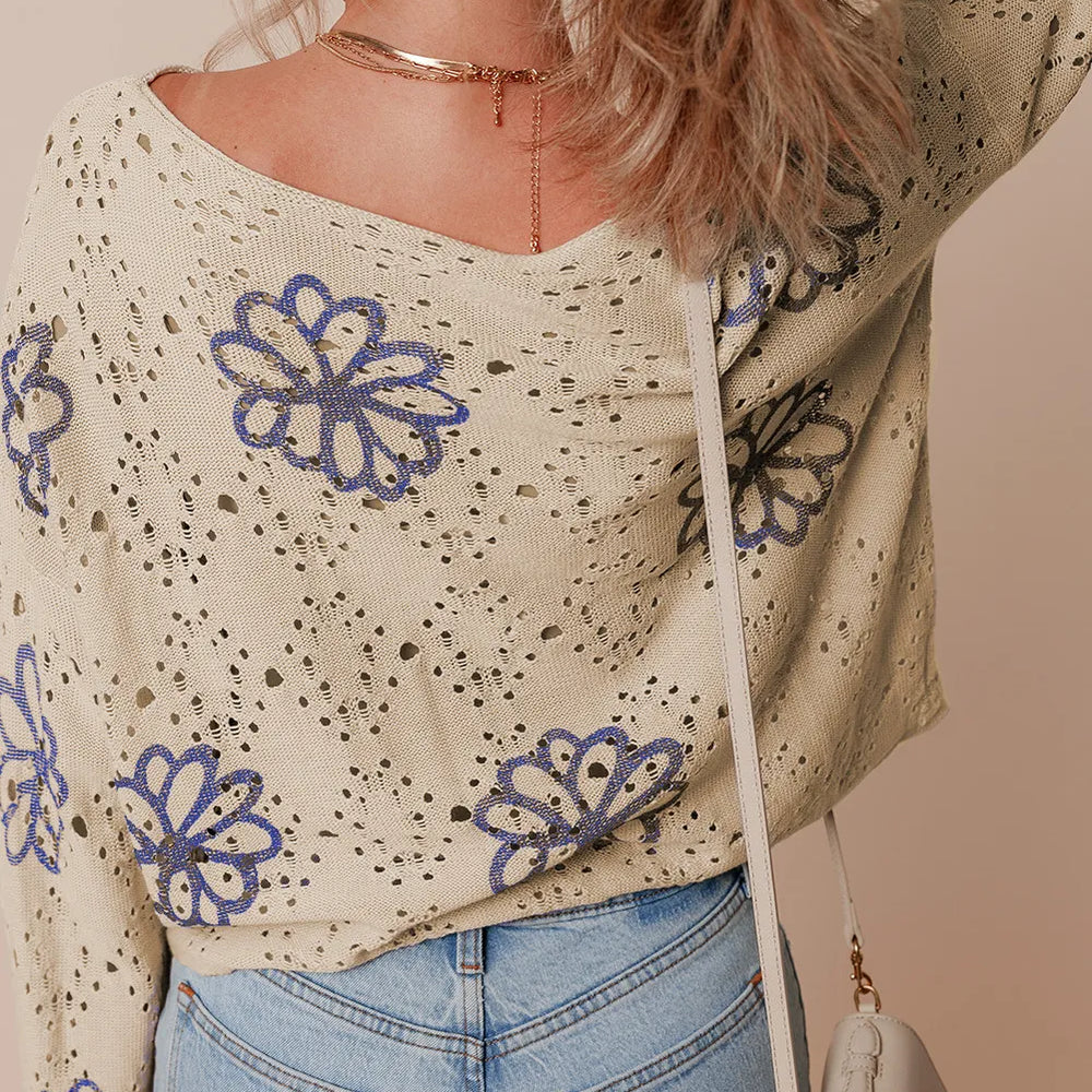 
                      
                        Openwork Round Neck Long Sleeve Knit Top
                      
                    