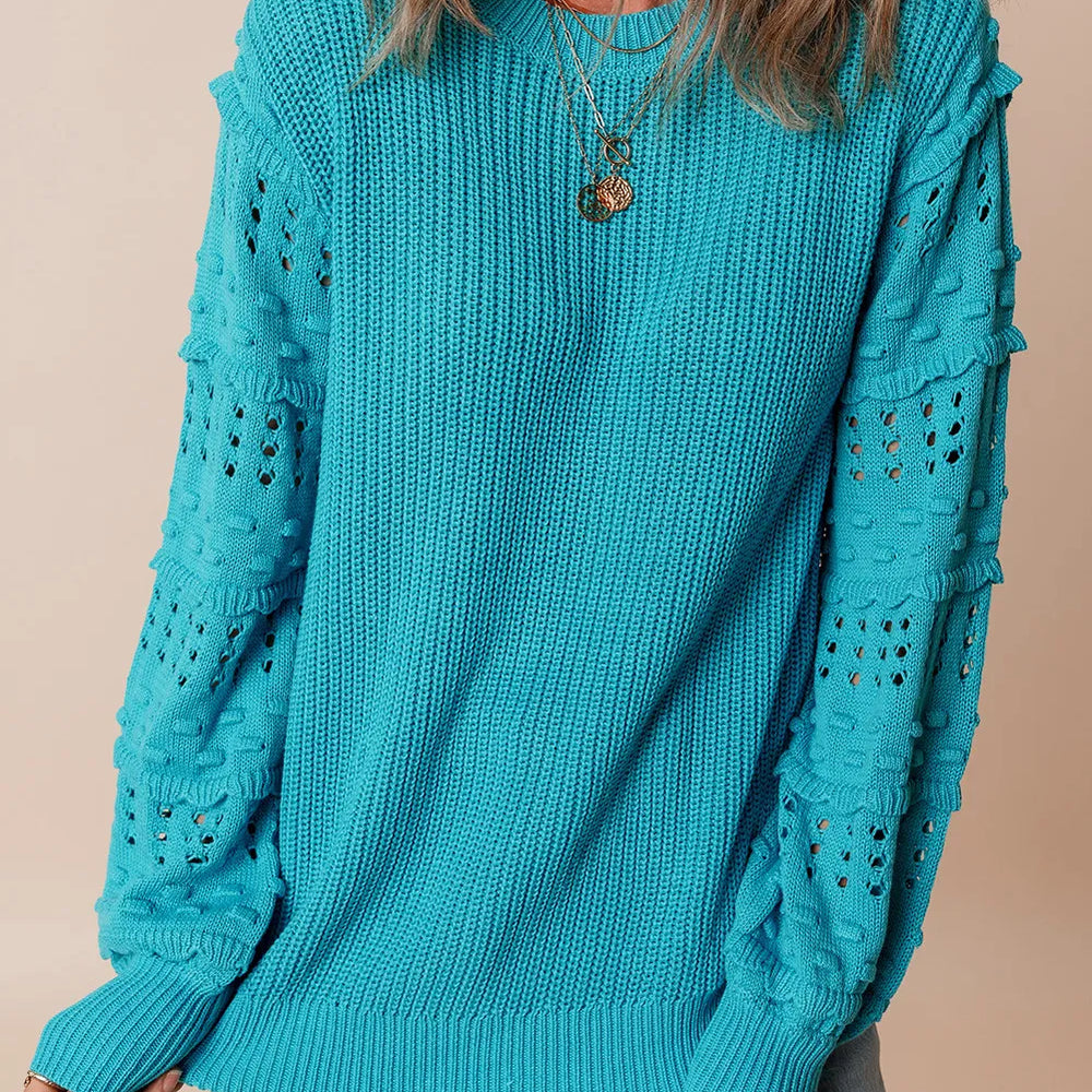 Openwork Frill Round Neck Long Sleeve Sweater