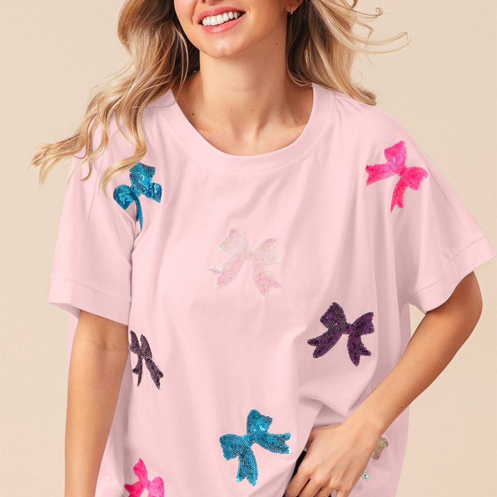 Sequin Bow Patch Short Sleeve T-Shirt