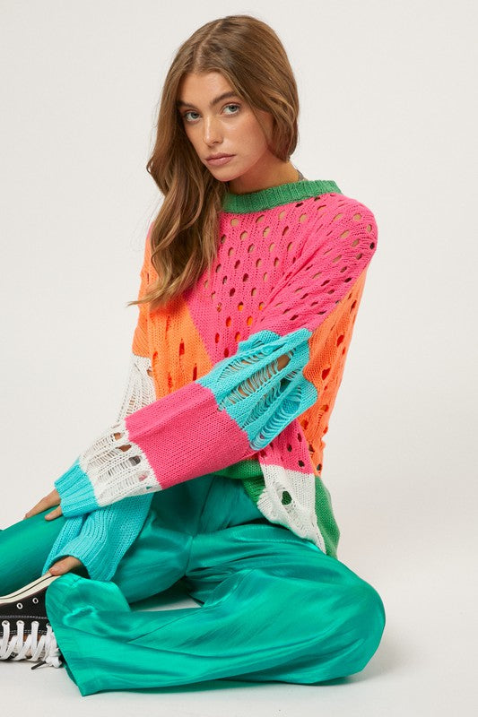 Caroline Distressed Color Block Sweater
