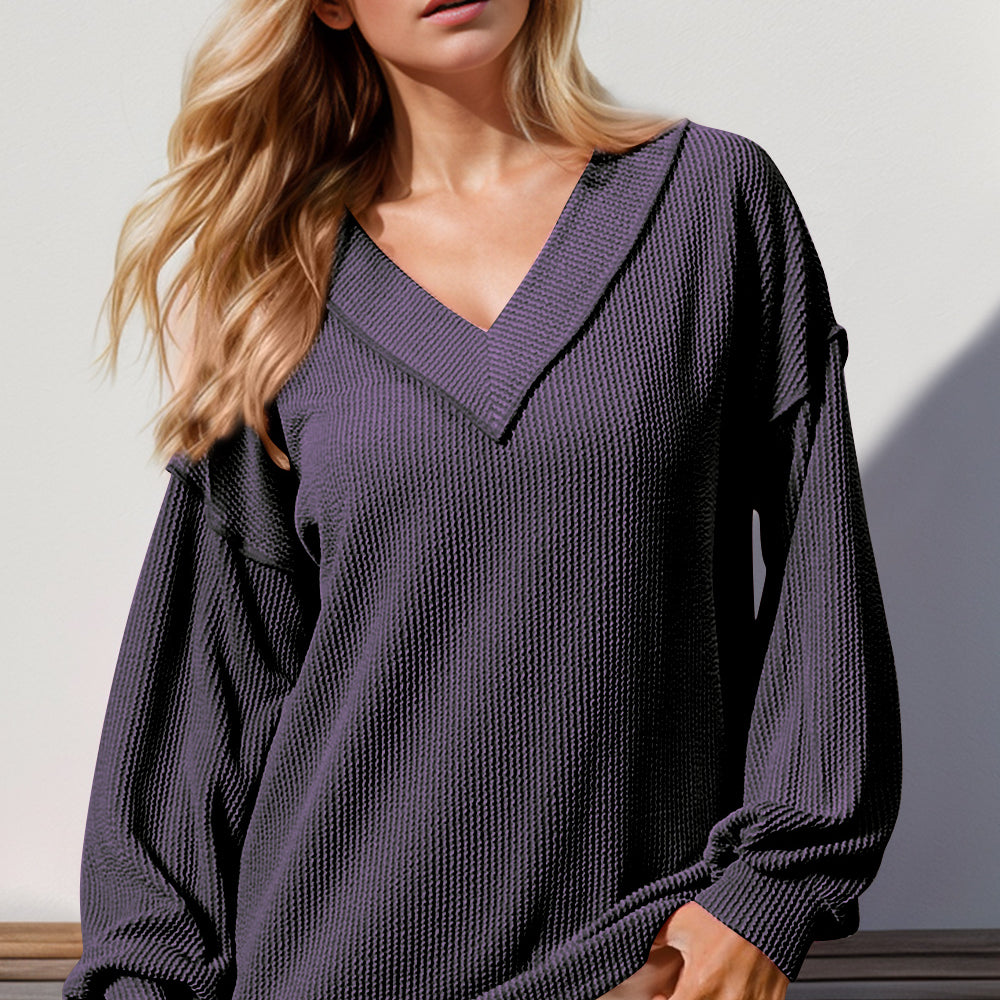 Exposed Seam Ribbed Textured V-Neck Long Sleeve T-Shirt