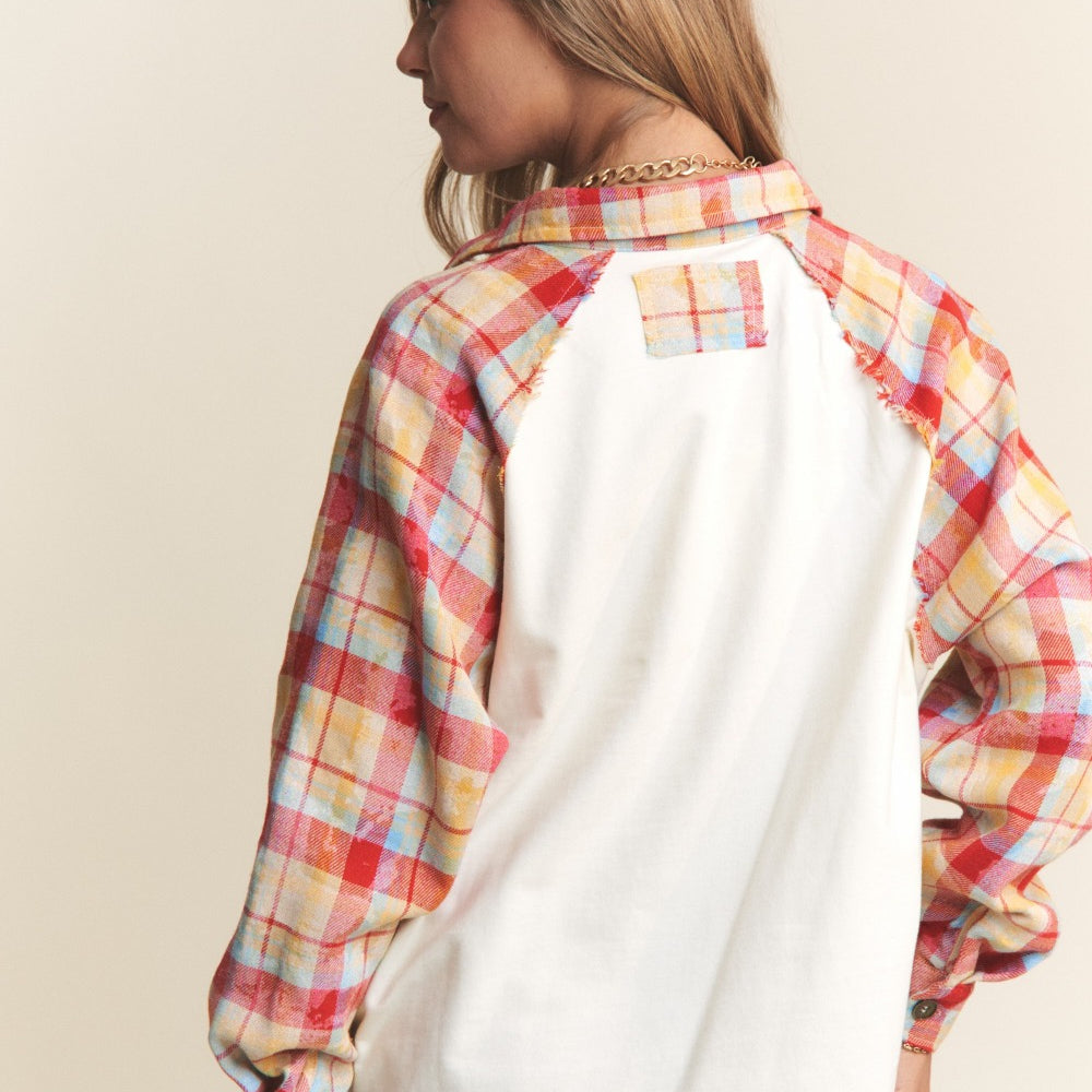 Plaid Contrast Button Down Henley Top