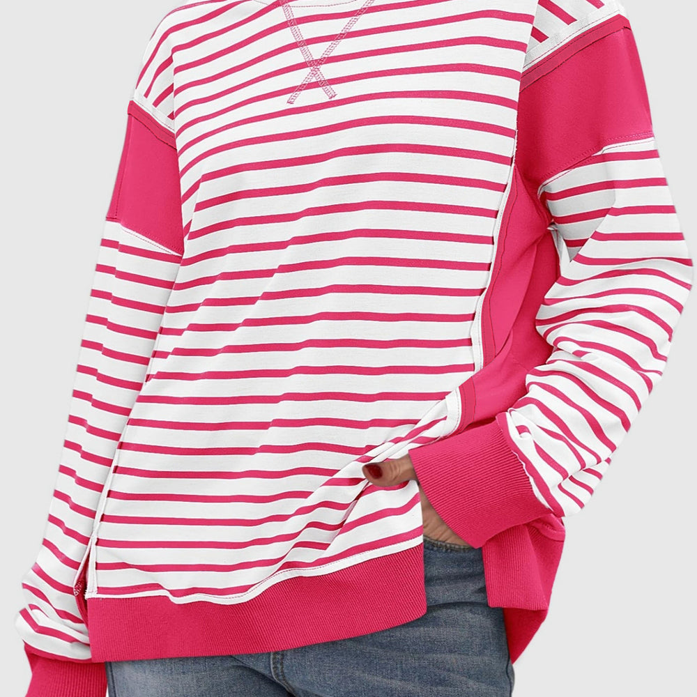 
                      
                        Slit Exposed Seam Striped Long Sleeve Sweatshirt
                      
                    