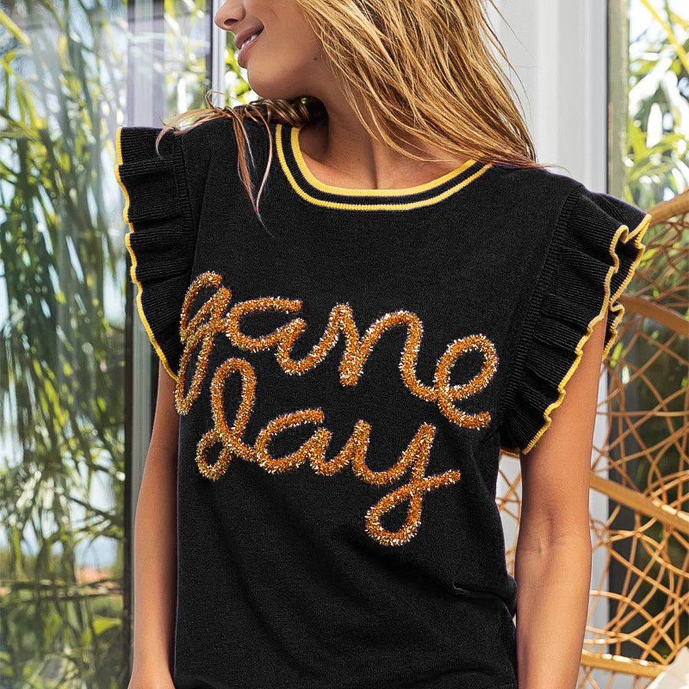 Game Day Letter Contrast Trim Ruffled Sleeveless Sweater