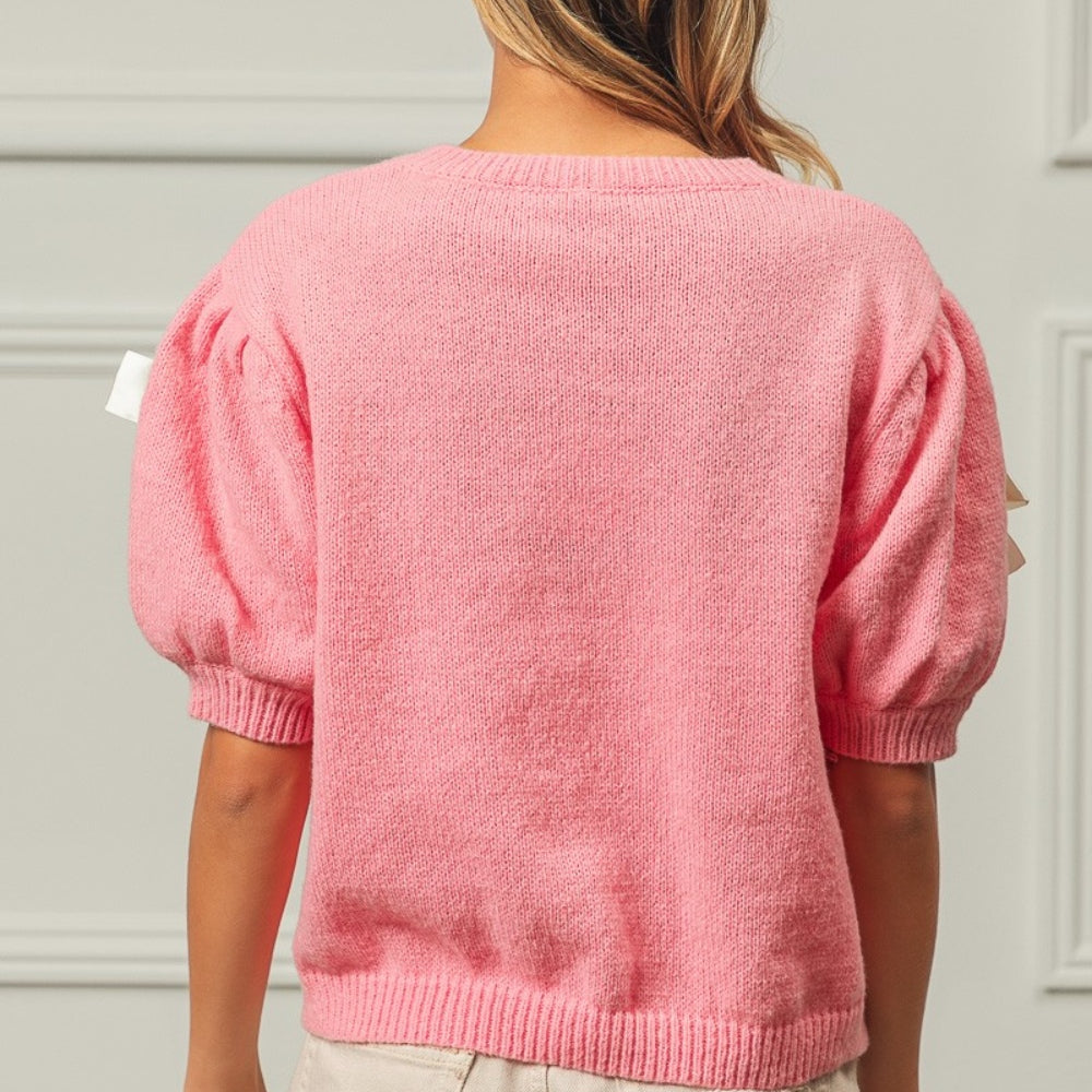 Ribbon Bow Detail Puff Sleeve Sweater